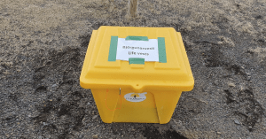 Gulur kassi með björgunarvestum í